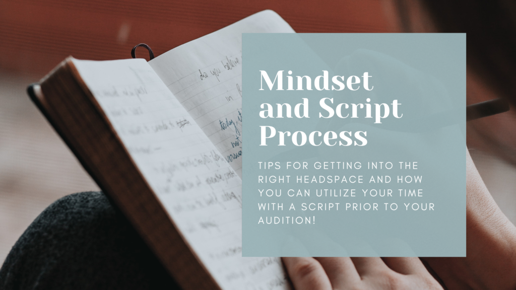 A person is writing in a notebook with the words mindset and script process.